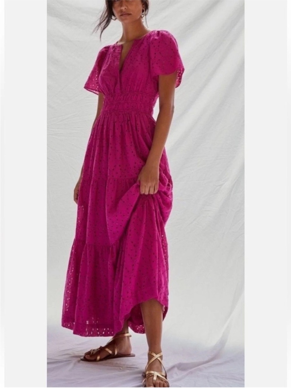 Anthropologie Maeve Size XS Somerset Short Sleeve Pink Eyelet Tiered Maxi Dress